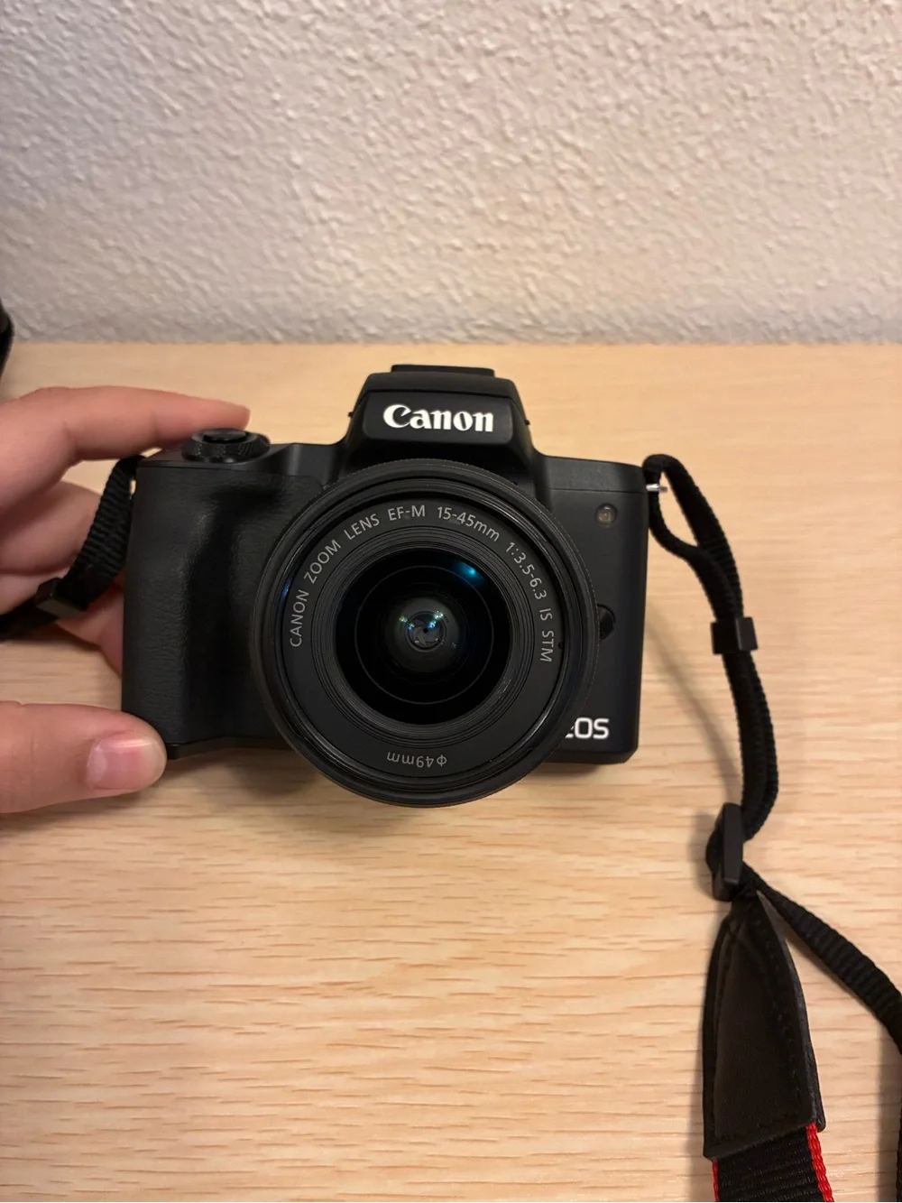 Canon Mirrorless Camera Bundle in Black with Red-Trim Strap